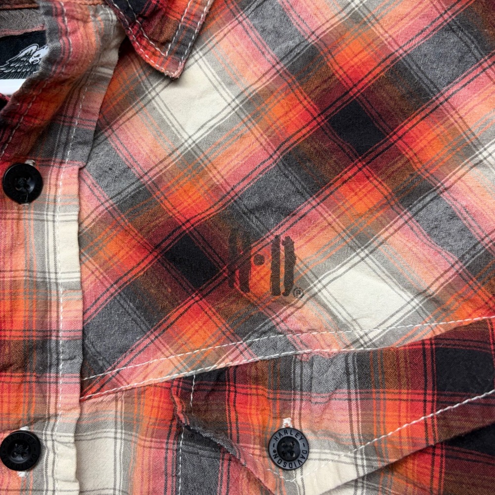 Harley-Davidson Cancun Mexico Plaid Button Up Shirt Mens XL Orange Distressed - Picture 2 of 8